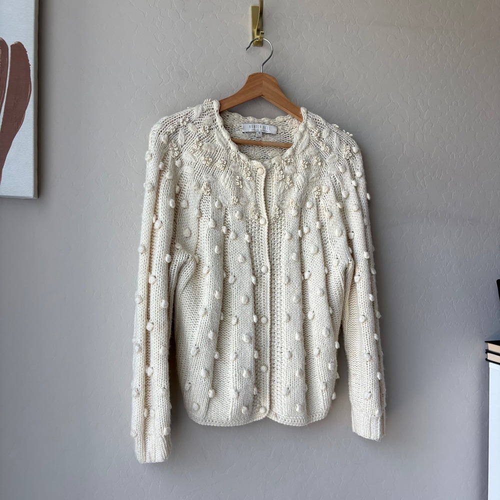 Hunter Bell Cardigan Ivory Wool Blend Bobble Knit Cardigan Sweater Size M - Picture 3 of 8